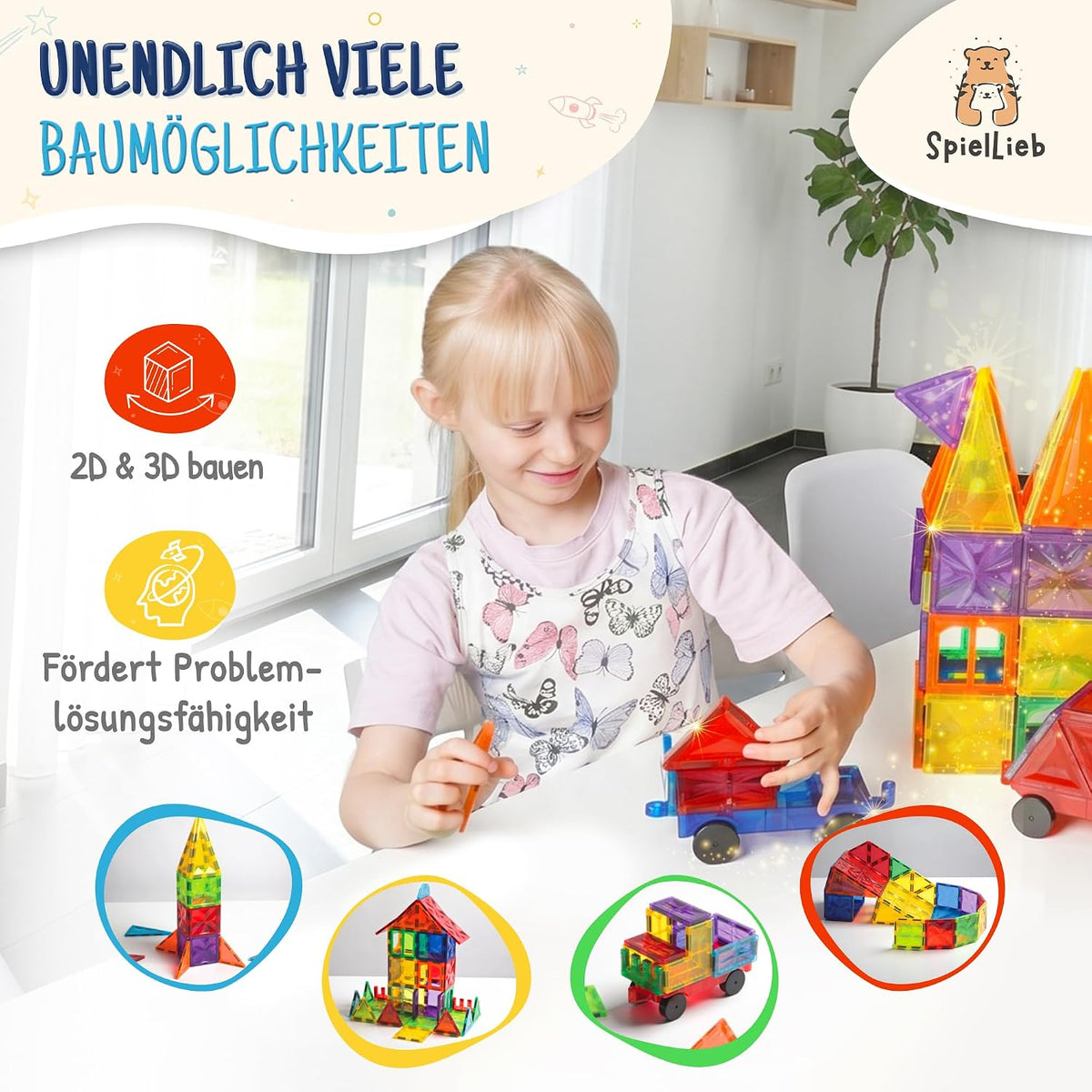 Magnetische Bausteine Set mit 120 Teilen und 2 Autos