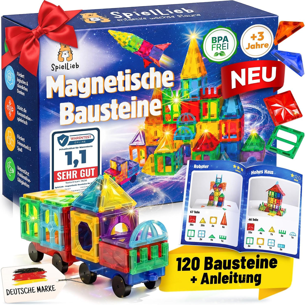 Magnetische Bausteine 120 Teile von SpielLieb, Magnetbausteine ab 3 Jahren mit Verpackung